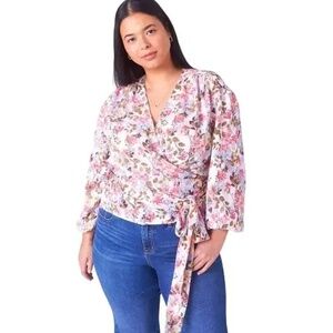 EUC Lane Bryant Floral Semi Sheer Pastel Garden Wrap Floral Blouse Size 26
